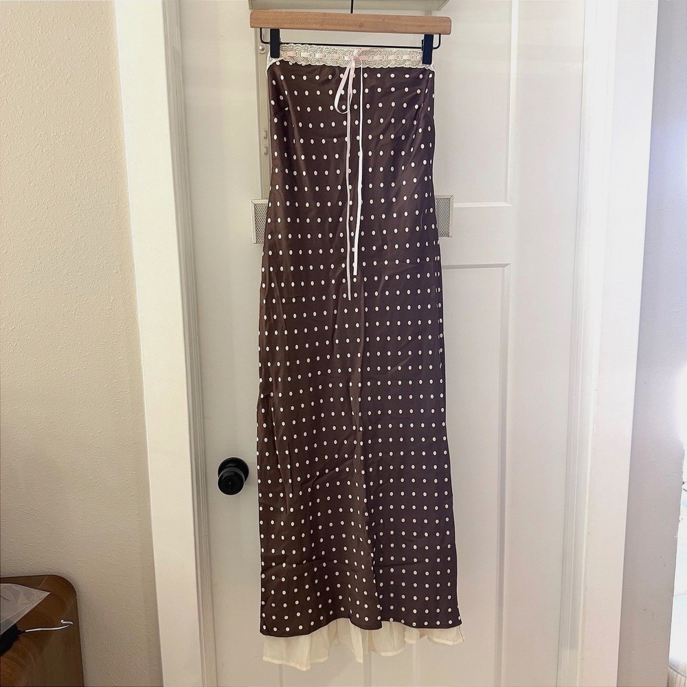 NWT For Love &Lemons Daisy Mae Strapless Polka Dot Midi Dress Coquette Barbie M
